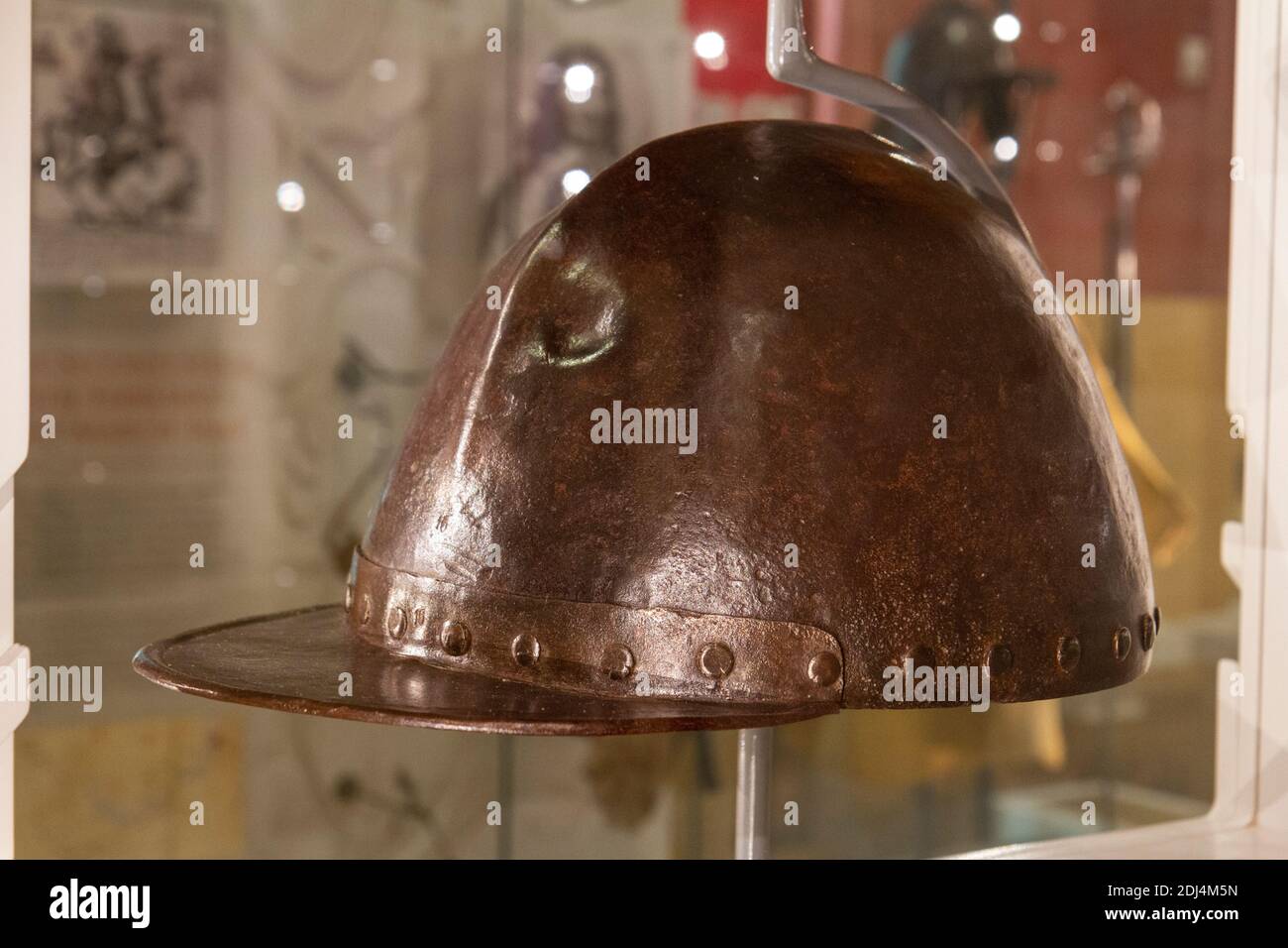 A siege helmet (possibly Dutch c. 1630) in the National Civil War Centre, Newark Museum, Newark-on-Trent, Notts, UK. Stock Photo
