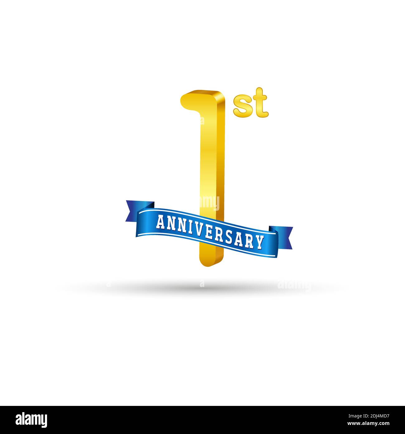 1st golden Anniversary logo with blue ribbon isolated on white background. 3d gold Anniversary logo Stock Vector