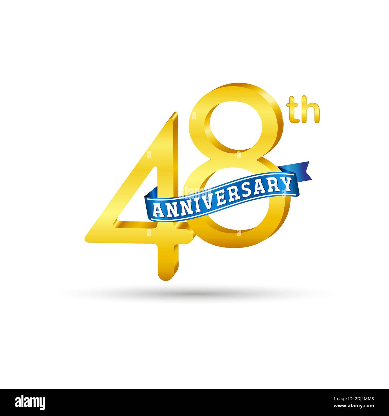 48th golden Anniversary logo with blue ribbon isolated on white background. 3d gold Anniversary logo Stock Vector