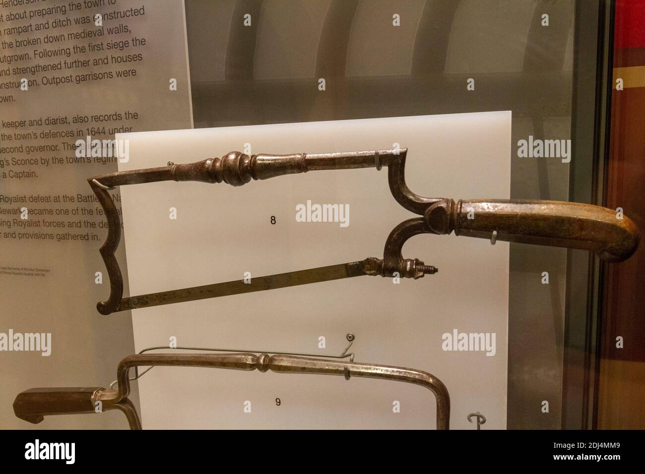 An ornate bow frame amputation saw on display in the National Civil War Centre, Newark Museum, Newark-on-Trent, Notts, UK. Stock Photo
