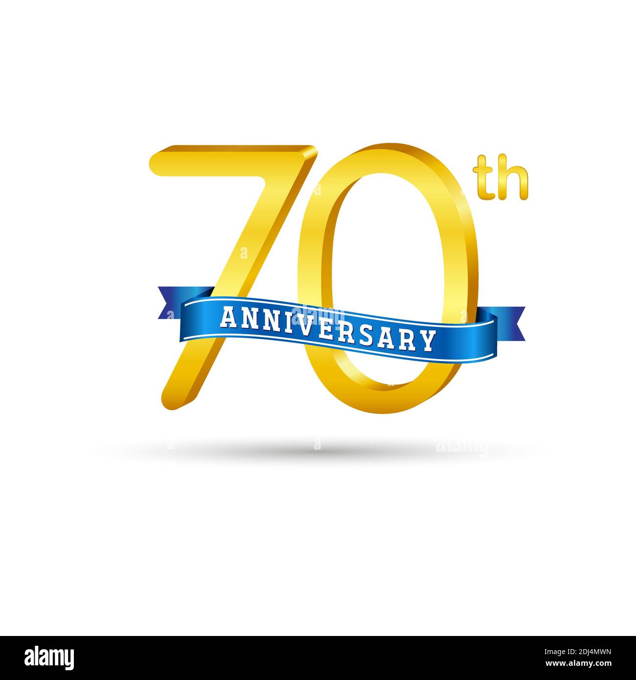70th golden Anniversary logo with blue ribbon isolated on white background. 3d gold Anniversary logo Stock Vector