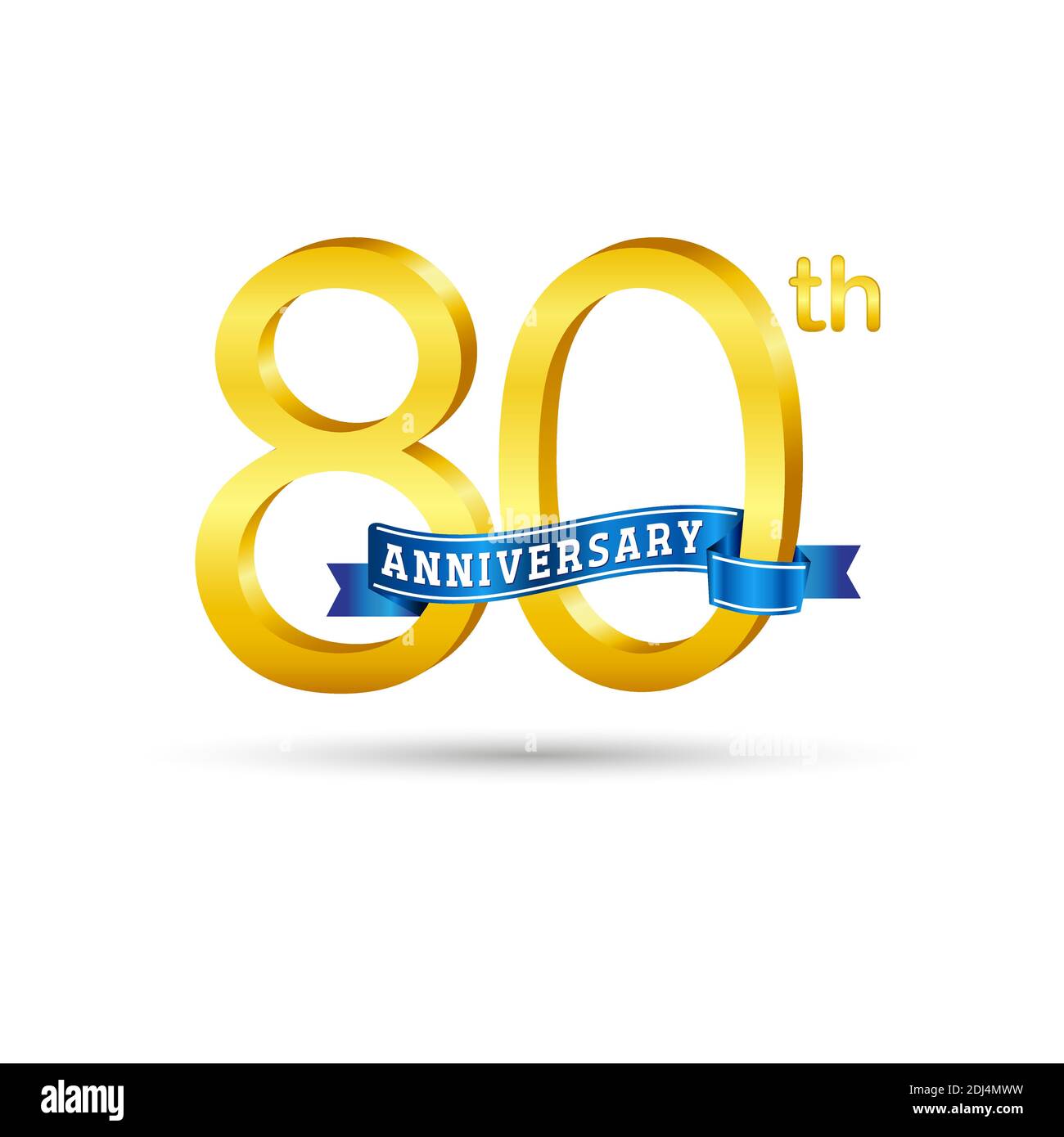 80th golden Anniversary logo with blue ribbon isolated on white background. 3d gold Anniversary logo Stock Vector