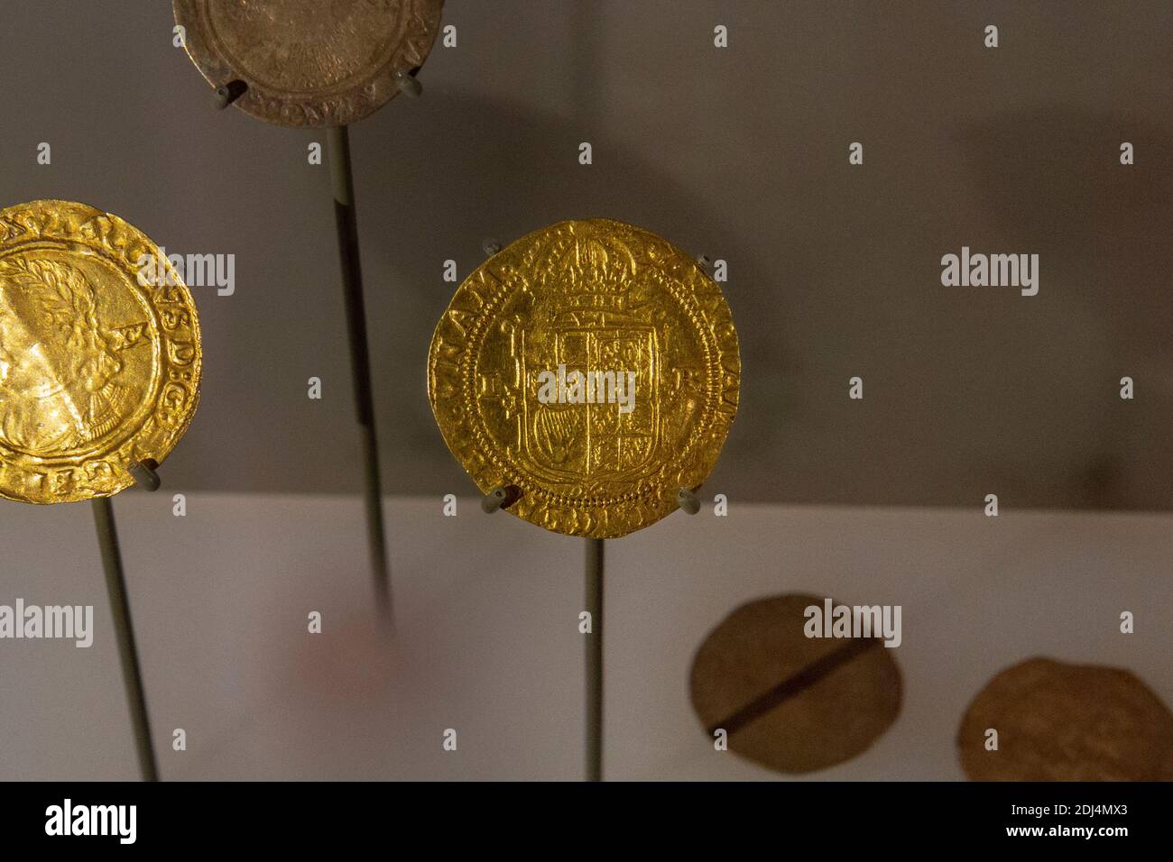 Close up of a Gold coin from the Orston Hoard on display in the National Civil War Centre, Newark Museum, Newark-on-Trent, Notts, UK. Stock Photo