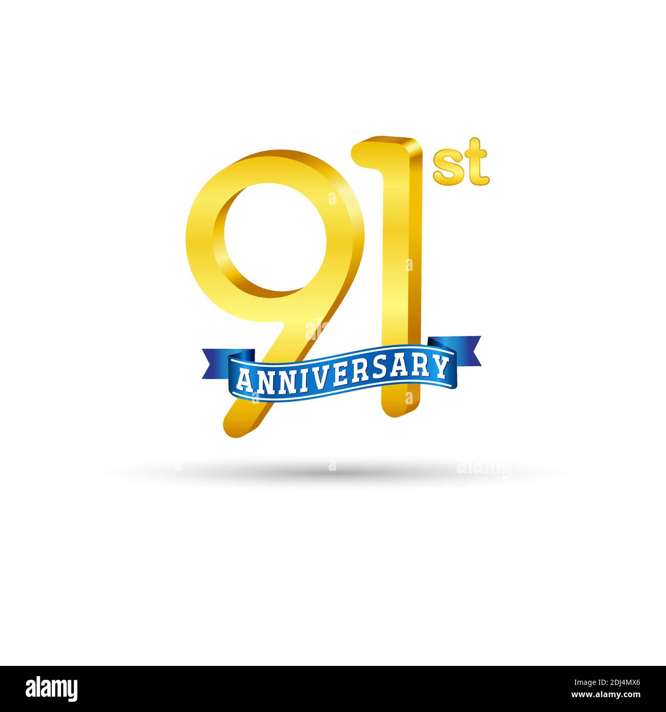 91st golden Anniversary logo with blue ribbon isolated on white background. 3d gold Anniversary logo Stock Vector