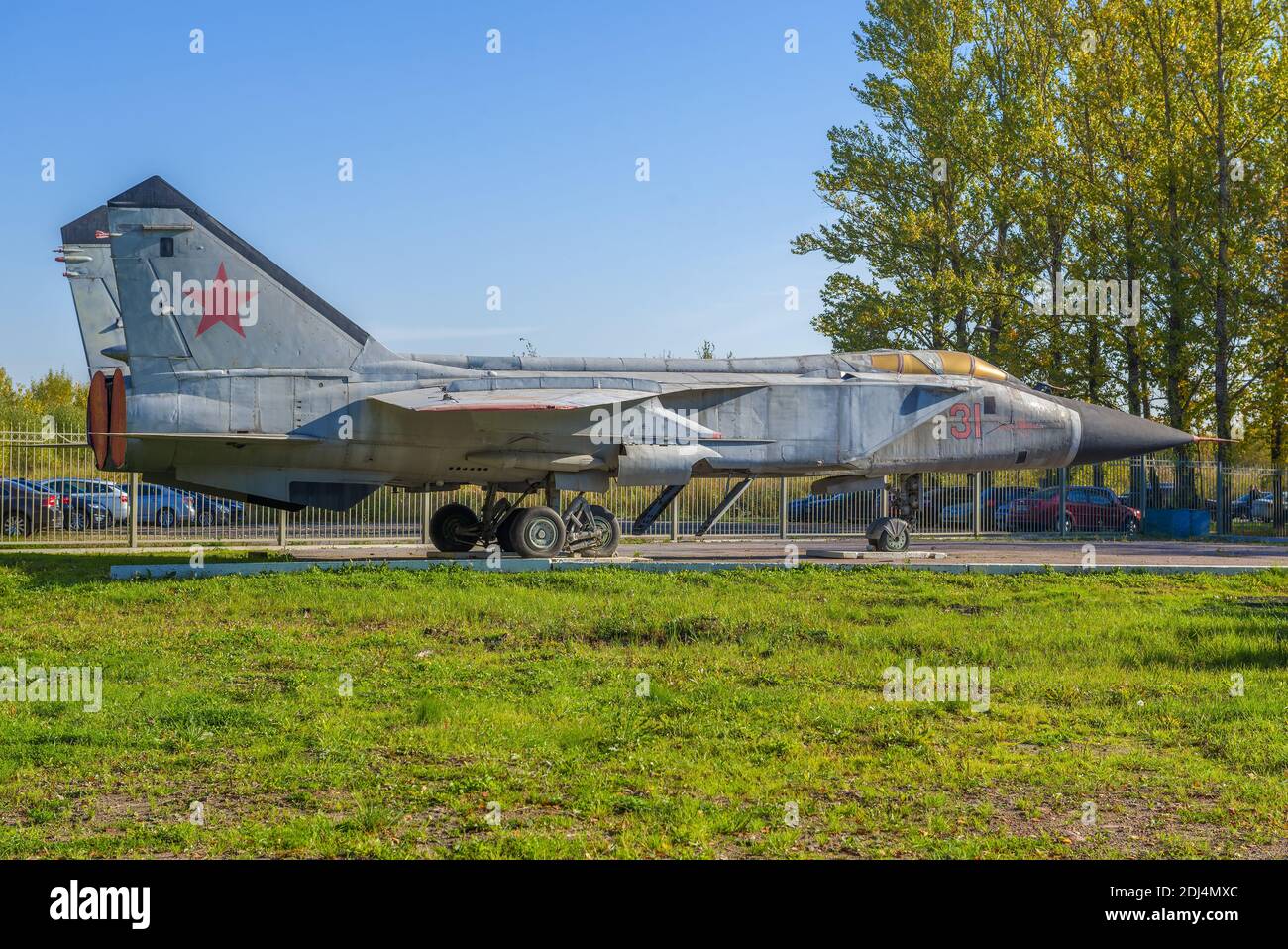 SAINT PETERSBURG, RUSSIA - OCTOBER 02, 2020: The MiG-31 memorial aircraft erected on the grounds of the Civil Aviation University on October afternoon Stock Photo