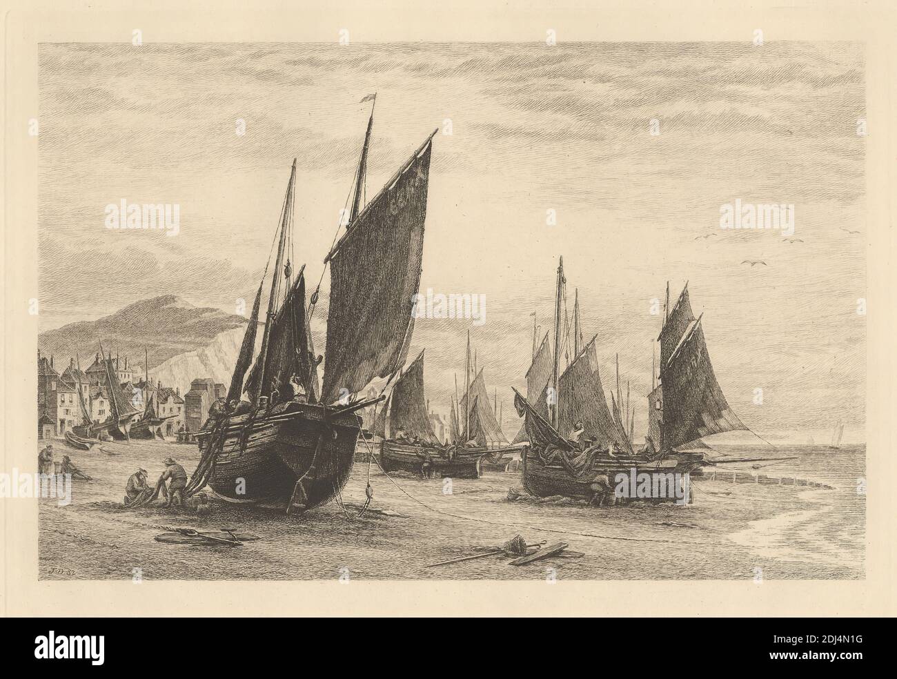 Fishing Boats at Hastings, Print made by James Dobie, 1849–1911, British, 1882, Etching on moderately thick, moderately textured, beige laid paper, Sheet: 12 3/8 x 16 11/16 inches (31.4 x 42.4 cm), Plate: 7 9/16 x 10 13/16 inches (19.2 x 27.5 cm), and Image: 6 9/16 x 10 1/16 inches (16.7 x 25.6 cm), barrels (containers), beach, beams (structural elements), boats, buildings, channel (water body component), cityscape, coast, fishermen (people), fishing, genre subject, industry, labor, marine art, masts, men, mountains, pulleys, sailboats, sails, sea, seamen, shore (landform), tools, town Stock Photo