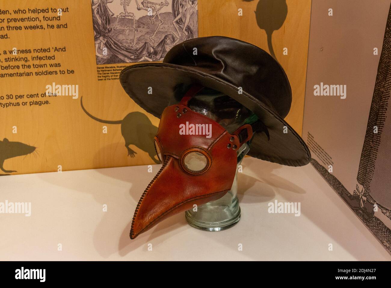 A plague doctor mask on display in the National Civil War Centre, Newark Museum, Newark-on-Trent, Notts, UK. Stock Photo