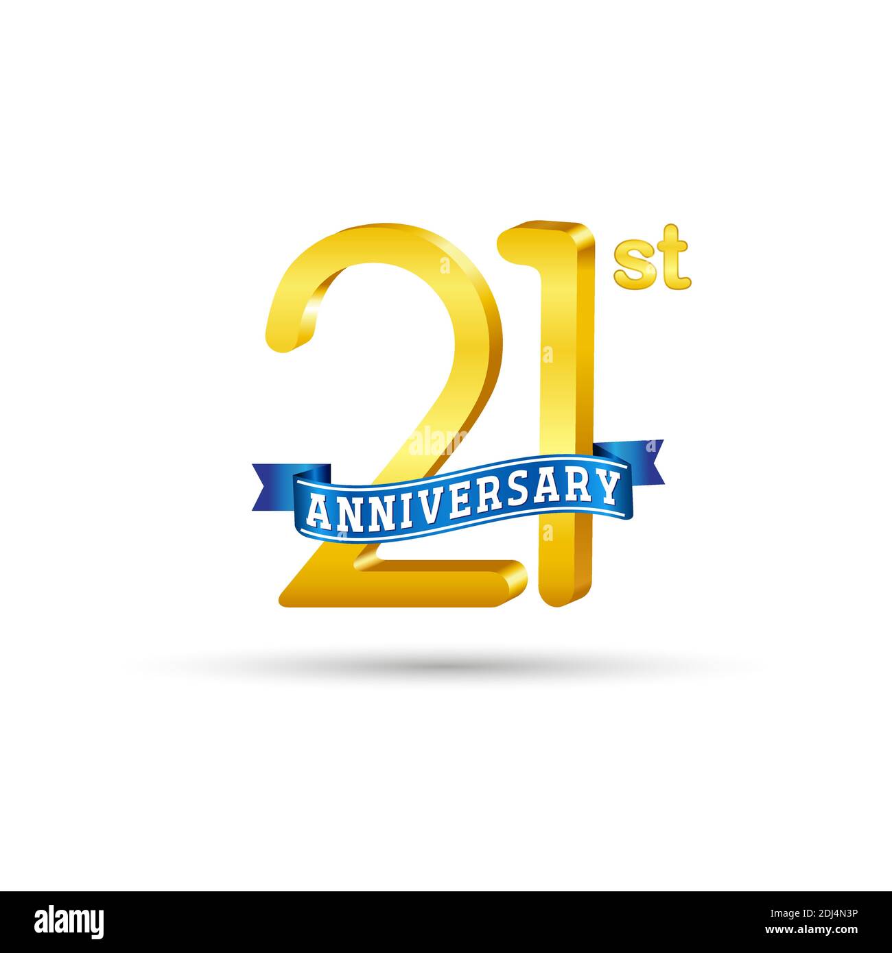 21th golden Anniversary logo with blue ribbon isolated on white background. 3d gold Anniversary logo Stock Vector