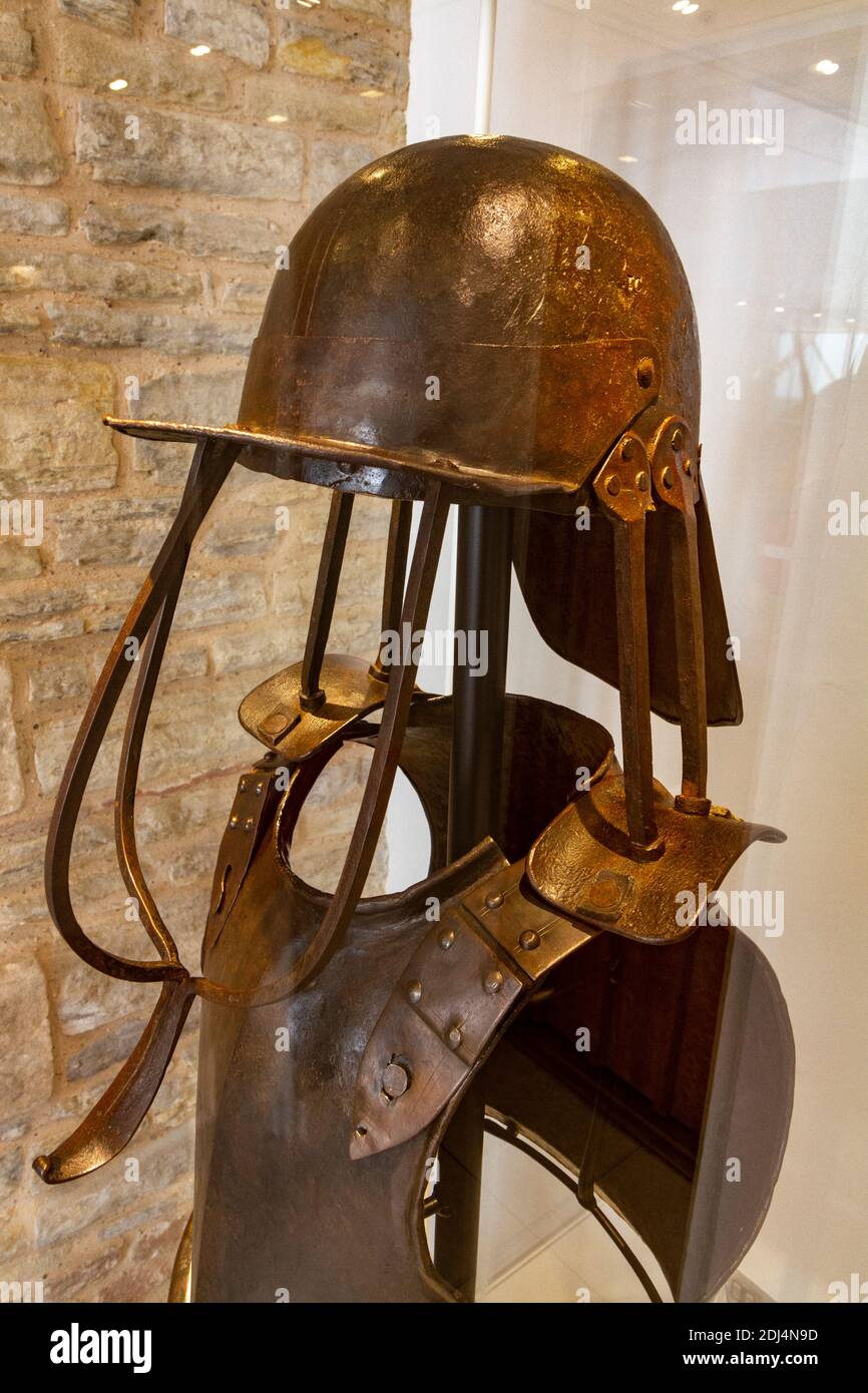 Siege armour (helmet and breastplate), on display in the National Civil War Centre, Newark Museum, Newark-on-Trent, Notts, UK. Stock Photo