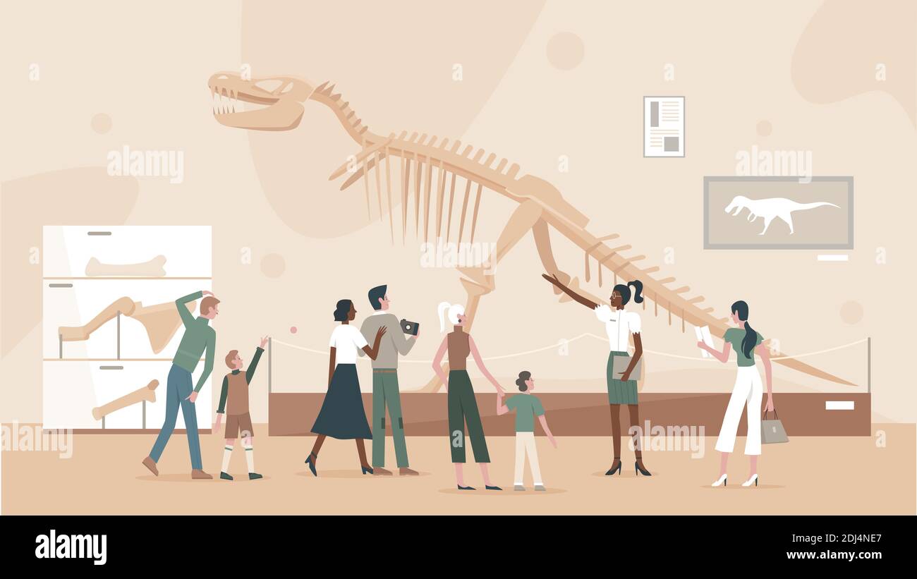 People in museum of paleontology vector illustration. Cartoon school teacher, student characters visiting dinosaurs archaeological exhibition, standing near tyrannosaurus skeleton exhibit background Stock Vector
