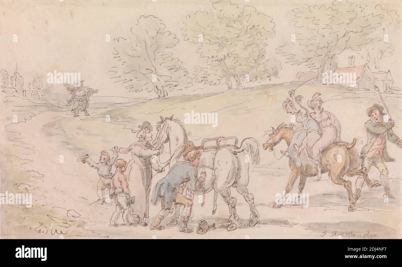 The Vicar of Wakefield: The Vicar's Family on the Road to Church, Thomas Rowlandson, 1756–1827, British, ca. 1817, Watercolor, with pen and brown and red-brown ink; verso: graphite on medium, smooth, blued white wove paper, Sheet: 4 1/2 x 7 1/2 inches (11.4 x 19.1 cm), children, church, family, genre subject, hats, horses (animals), houses, landscape, men, road, trees, vicar, women, England, Europe, United Kingdom, Wakefield, Yorkshire Stock Photo