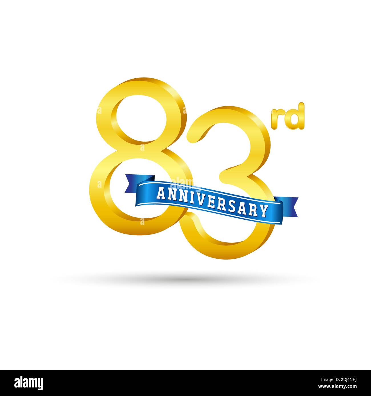 83rd golden Anniversary logo with blue ribbon isolated on white background. 3d gold Anniversary logo Stock Vector