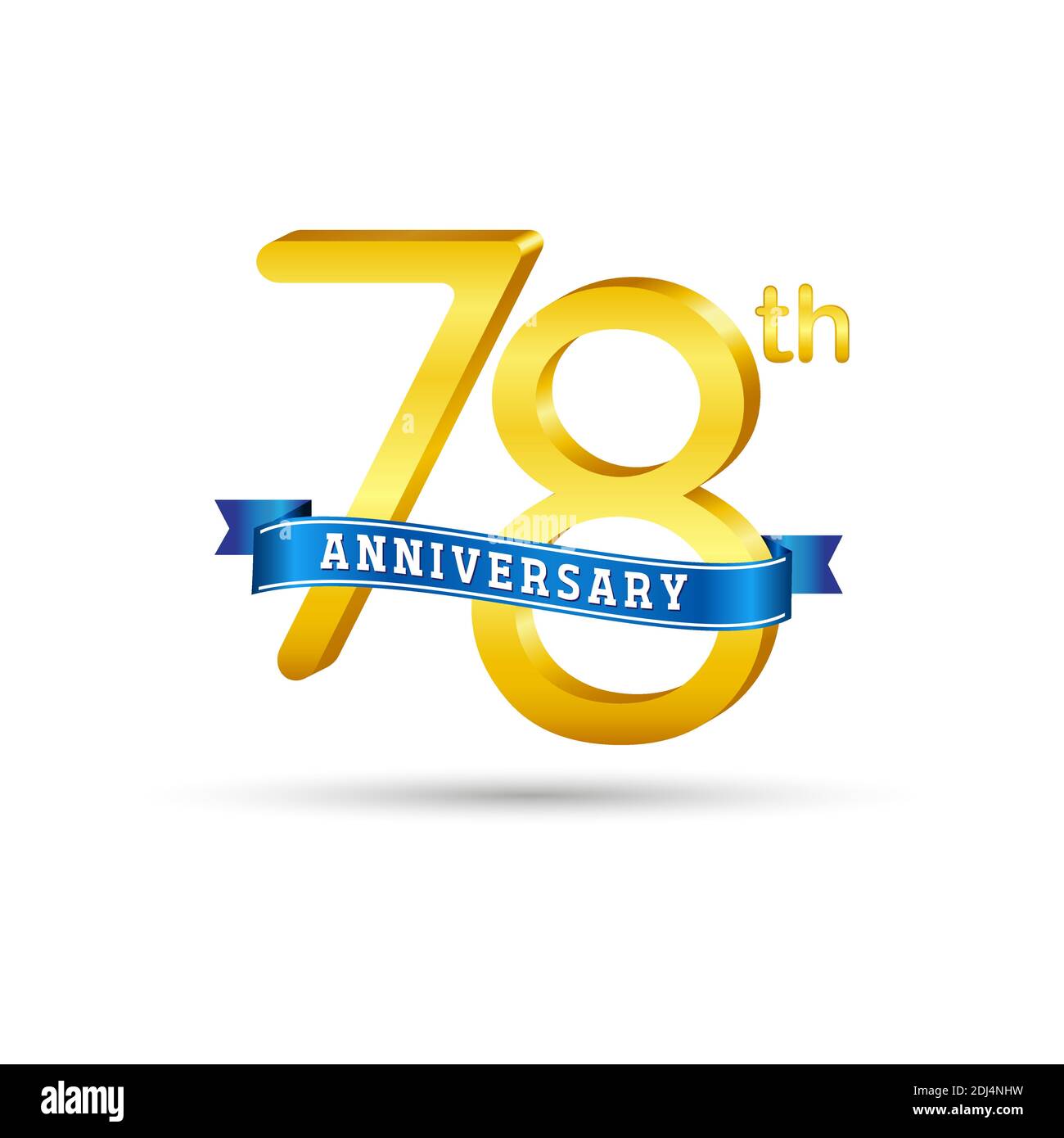 78th golden Anniversary logo with blue ribbon isolated on white background. 3d gold Anniversary logo Stock Vector