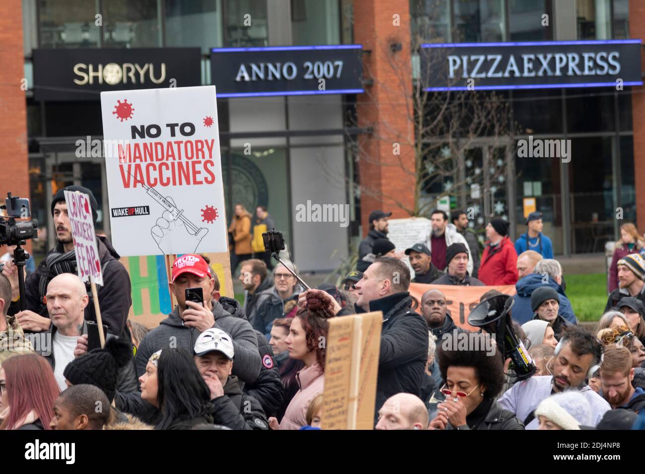 Manchester, UK. 12/12/2020:Around 1,000+ people gathered in Piccadilly, Manchester to protest against loss of freedoms due to governments reaction to corona virus Stock Photo
