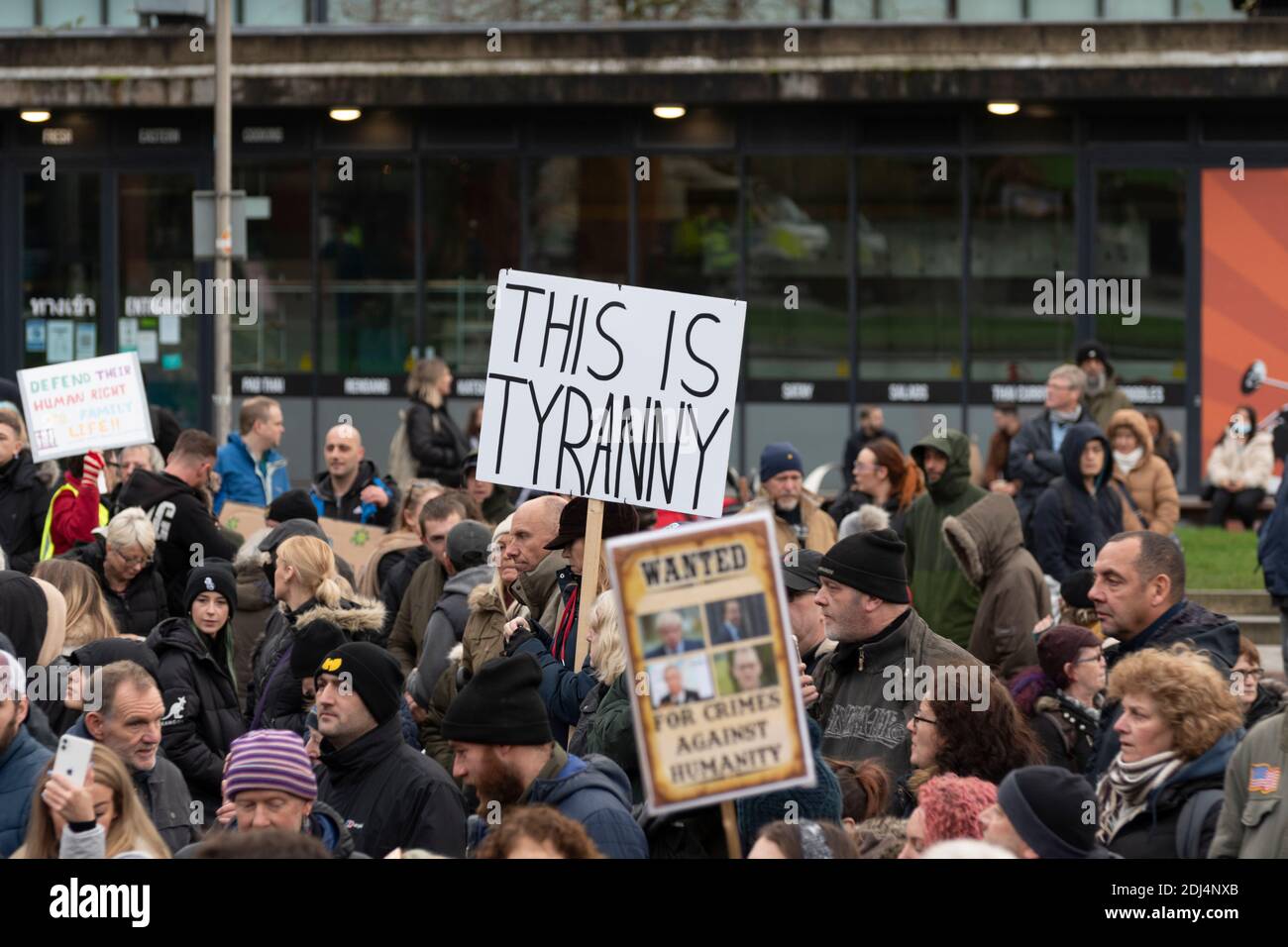 Manchester, UK. 12/12/2020:Around 1,000+ people gathered in Piccadilly, Manchester to protest against loss of freedoms due to governments reaction to corona virus Stock Photo
