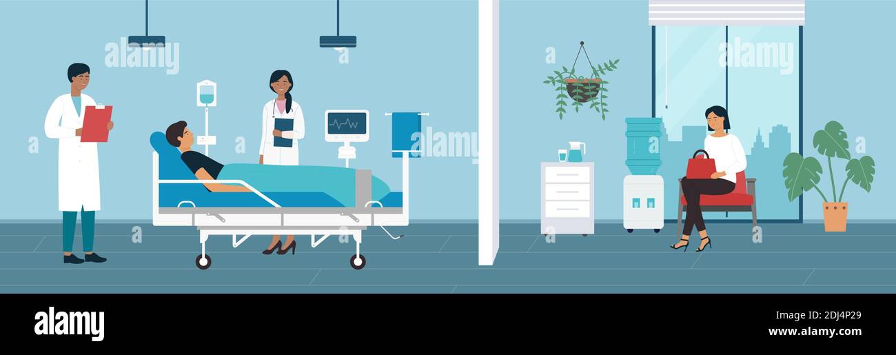 Hospital medicine ward vector illustration. Cartoon hospitalized character lying in bed with dropper intensive therapy, medical equipment in modern ward, family waiting for visit patient background Stock Vector