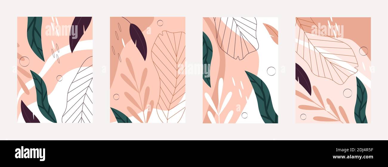 Tropical leaves nature pattern vector illustration set. Abstract floral palm tree leaf in line art style, summer exotic jungle rainforest plants, botanical natural textures background collection Stock Vector