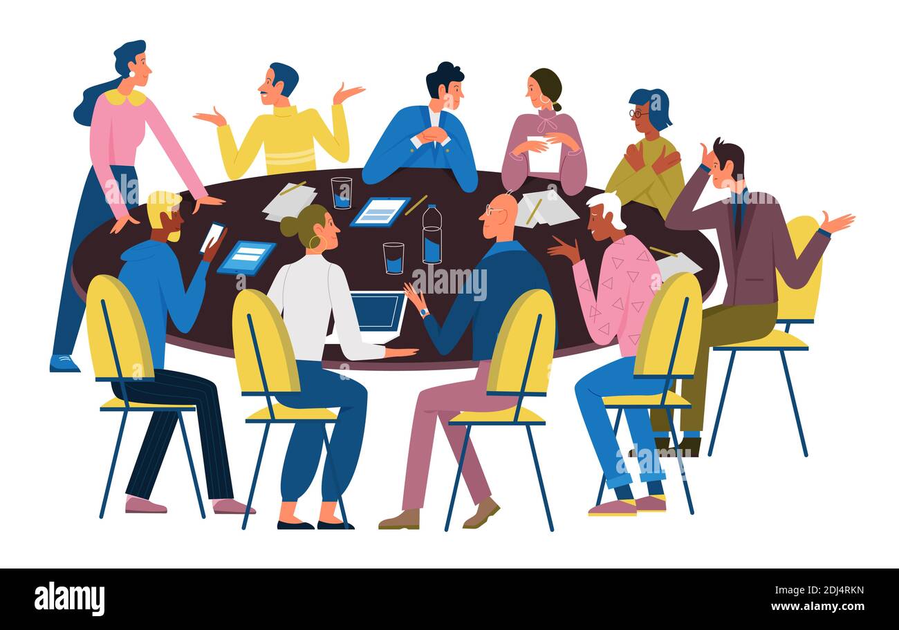 Business people negotiate at round table vector illustration. Cartoon office meeting negotiation with corporate manager team of characters, brainstorming discussion at conference isolated on white Stock Vector
