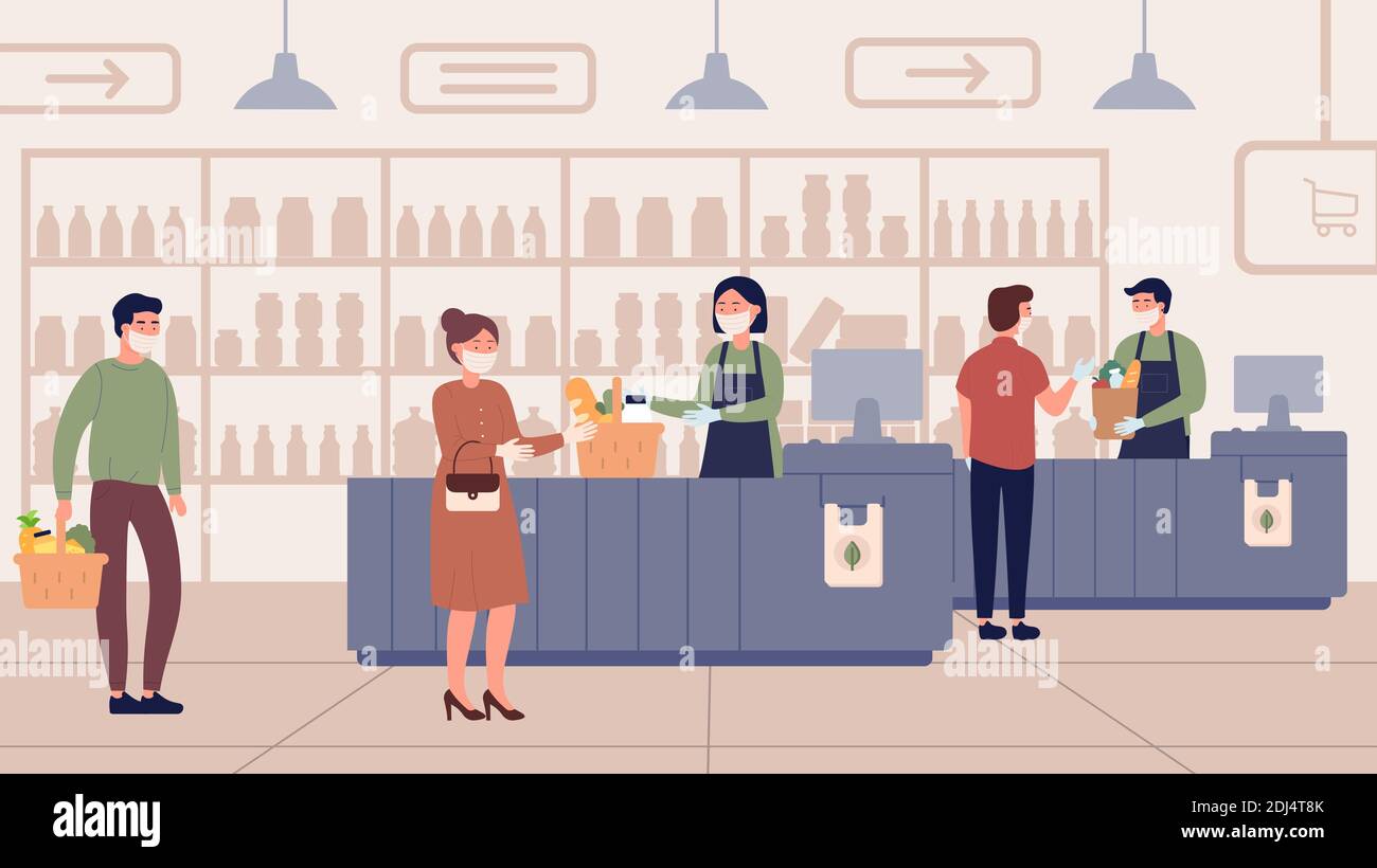 People with medical masks buy food product in supermarket vector illustration. Cartoon man woman buyers characters distancing in queue at cashier of grocery store or shop, social distance background Stock Vector