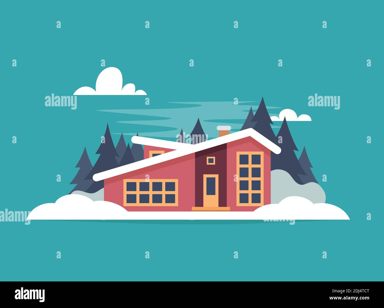 Winter mountain landscape with big house for tourists. Winter holidays in the mountains, ski resorts, house rentals. Vector flat illustration Stock Vector