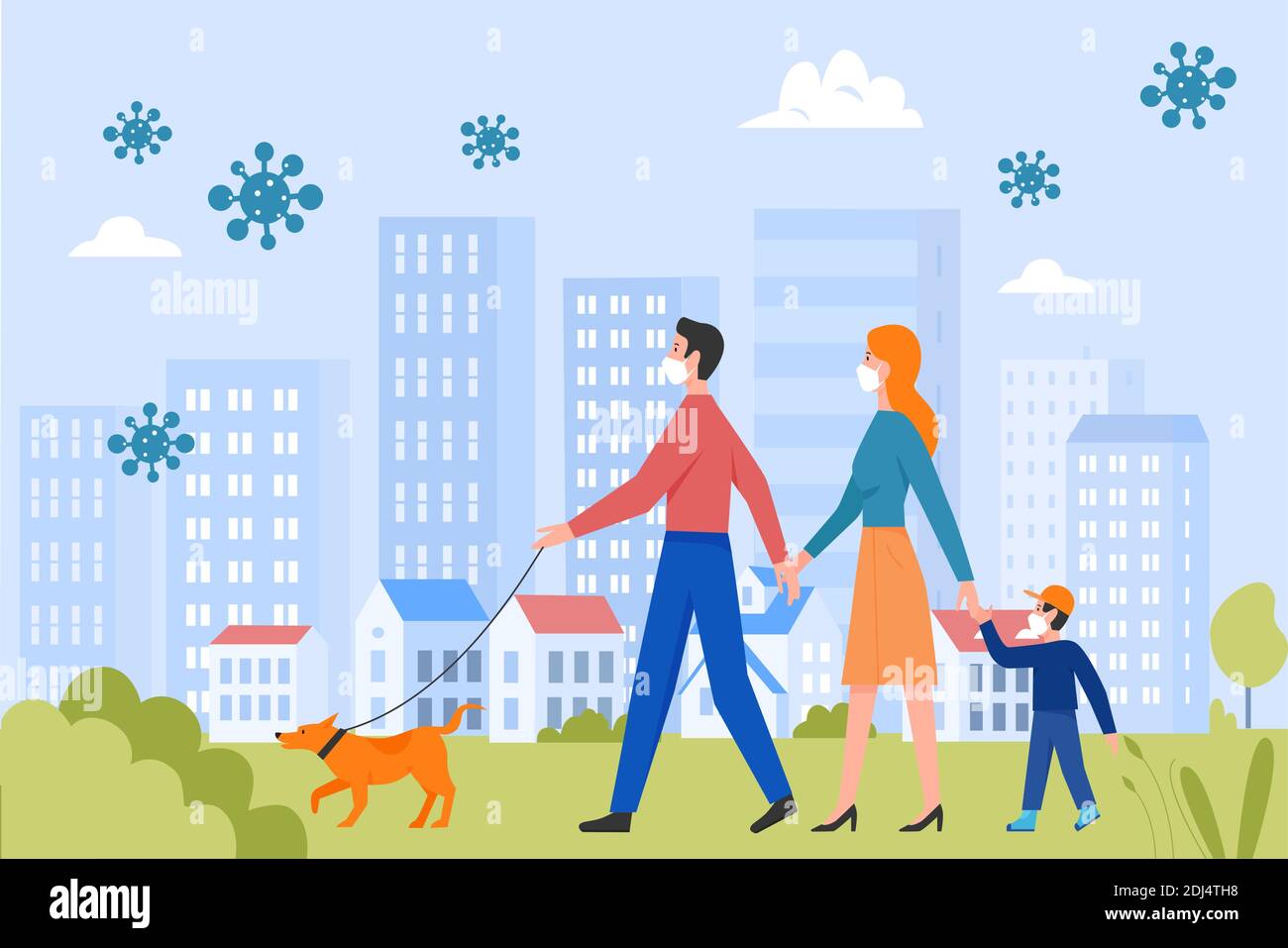 Family people with face protective masks walk in city summer park vector illustration. Cartoon mother, father and son kid characters walking with pet dog, wearing masks to protect against coronavirus Stock Vector