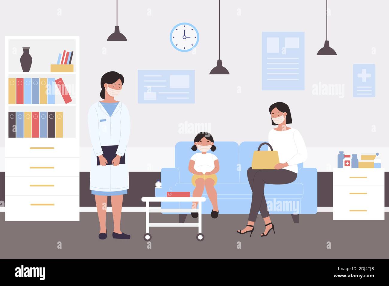 People wait pediatric medical checkup vector illustration. Cartoon mother with girl kid in face masks sitting on sofa in pediatrician doctor hospital room, waiting doc examining patient background Stock Vector