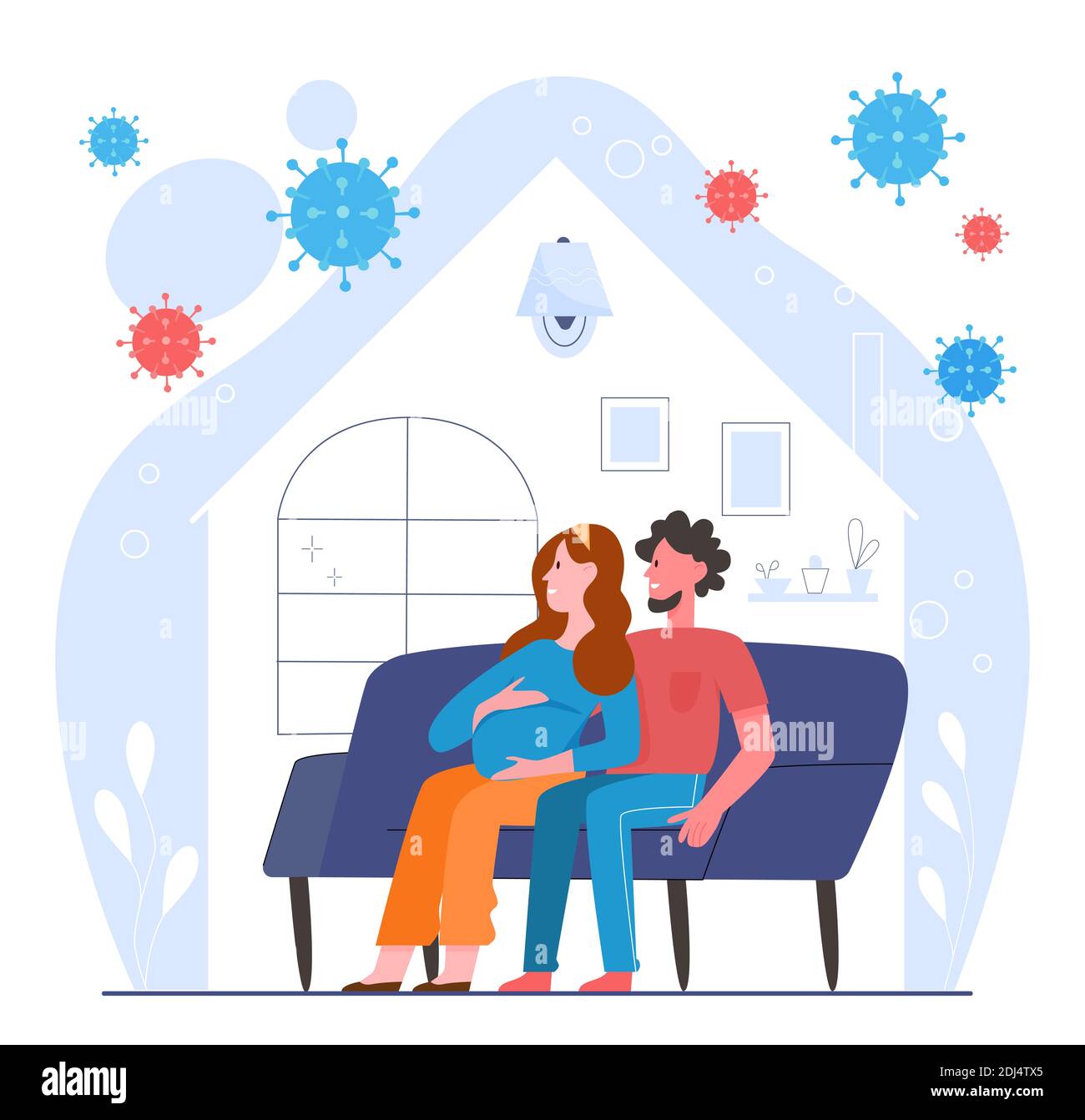 People stay at home to protect health from coronavirus vector illustration. Cartoon couple character sitting at sofa, happy pregnant woman with man staying at home during covid19 pandemic quarantine Stock Vector
