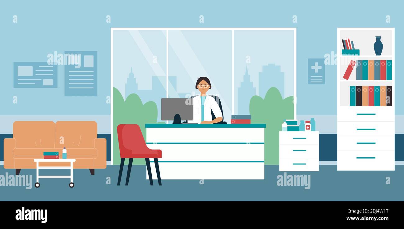 Doctor appointment vector illustration. Cartoon woman medical worker character waiting patient, female physician sitting at table with computer in office room interior, healthcare medicine background Stock Vector