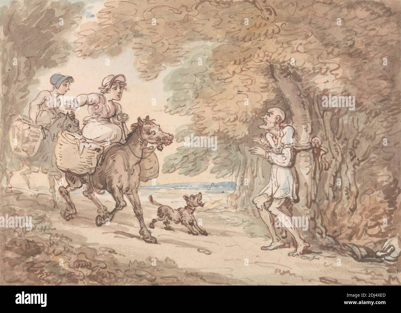 Dr. Syntax Bound to a Tree by Highwaymen, Thomas Rowlandson, 1756–1827, British, 1820, Watercolor with pen and brown and red ink over graphite on medium, slightly textured, cream wove paper, Sheet: 5 1/4 x 7 1/4 inches (13.3 x 18.4 cm) and Mount: 8 3/8 x 10 5/8 inches (21.3 x 27 cm), baskets, country (rural landscape), dog (animal), genre subject, man, road, trees, women Stock Photo