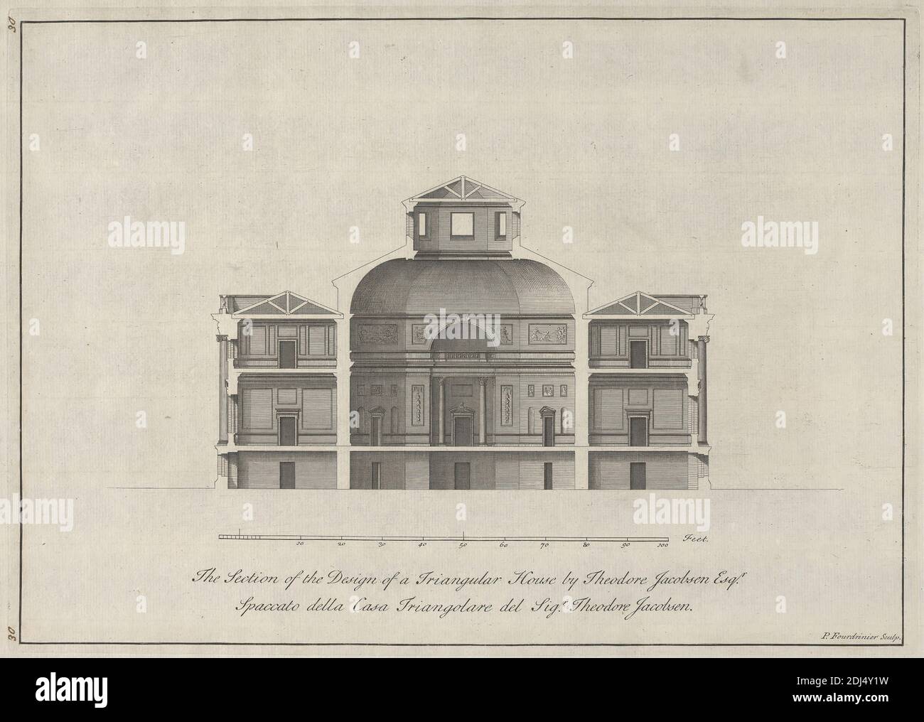 The Section of the Design of a Triangular House by Theodore Jacobsen Esqr., Paul Fourdrinier, French, after Theodore Jacobsen, died 1772, British, undated, Etching on moderately thick, slightly textured, cream laid paper, Sheet: 10 7/8 x 16 1/4 inches (27.7 x 41.2 cm), Plate: 9 11/16 x 13 9/16 inches (24.6 x 34.4 cm), and Image: 9 5/16 x 13 1/8 inches (23.7 x 33.3 cm), arches, architectural drawing, architectural subject, columns, cross section, cupola, design, elevation (drawing), house, measurement, Neo-Classical, pediments, plan (drawing), reliefs, scale (rule), statues, triangular, windows Stock Photo