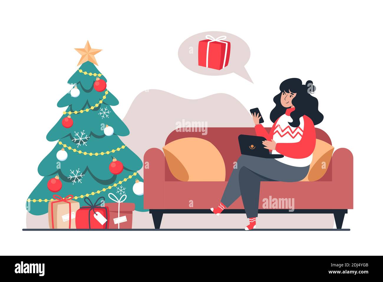 Woman buys Christmas gifts online store. New Year's online shopping from home Stock Vector