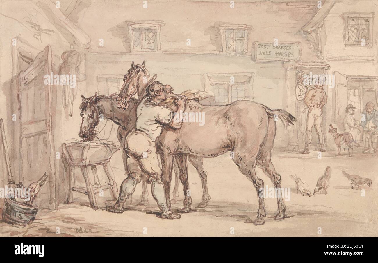 A Livery Stable, Thomas Rowlandson, 1756–1827, British, undated, Watercolor  and graphite with pen and red-brown ink, pen and gray ink, and pen and  brown ink on medium, slightly textured, beige, wove paper