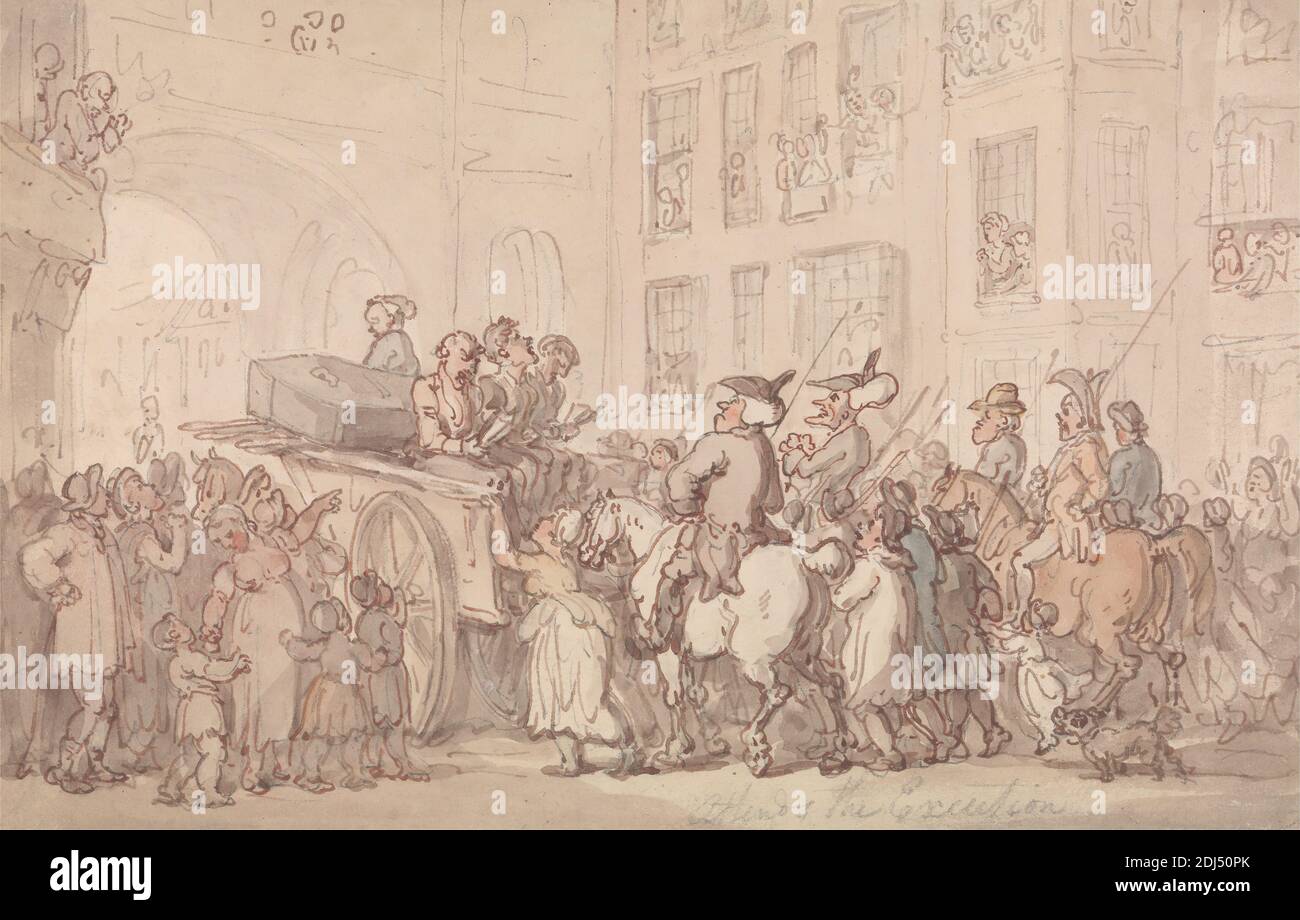 Dr. Syntax Attends the Execution, Thomas Rowlandson, 1756–1827, British, 1820, Watercolor with pen and red-brown ink, over graphite on medium, slightly textured, blued white, wove paper, Sheet: 5 7/16 x 8 1/2 inches (13.8 x 21.6 cm), archway, balcony, buildings, children, coffin, crowd, dog (animal), execution (event), genre subject, horses (animals), men, wagon, windows, women Stock Photo