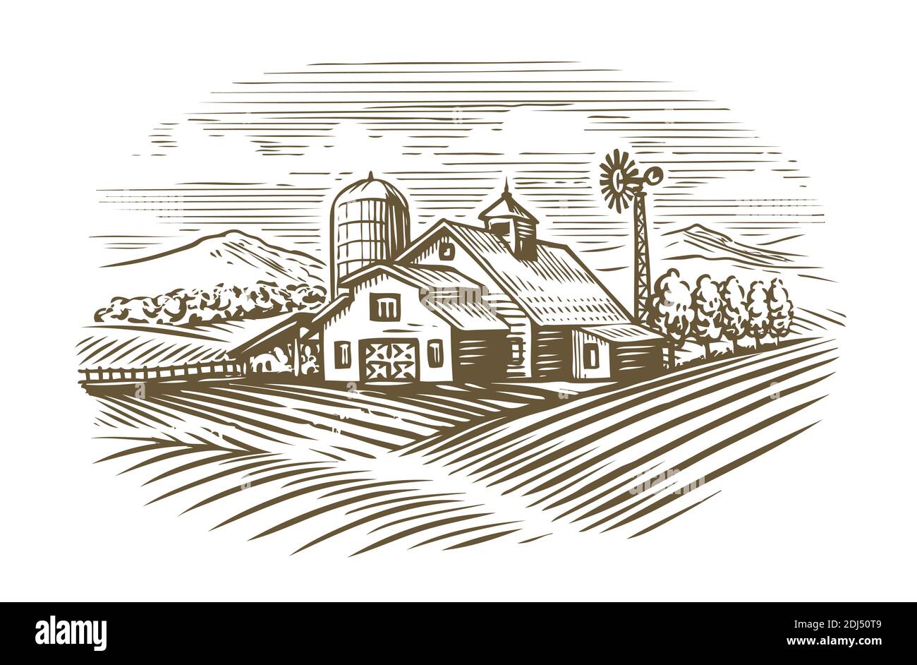 Hand drawn farm. Agriculture, farming sketch vintage vector Stock Vector