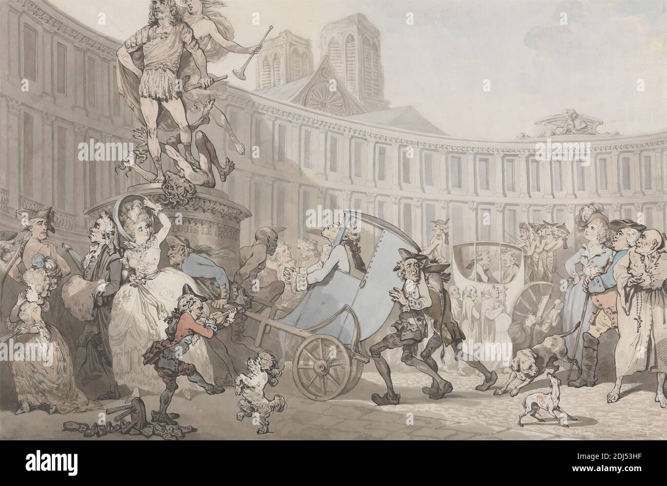 Place des Victoires, Paris, Thomas Rowlandson, 1756–1827, British, ca. 1783, Watercolor in pen and black ink over graphite on medium, moderately textured, cream antique laid paper, Sheet: 13 3/4 x 21 inches (34.9 x 53.4 cm) and Image: 13 3/4 x 21 inches (34.9 x 53.4 cm), architectural subject, building, carriages, carts, cathedral, celebration, chaos, cityscape, costume, dogs (animals), figures, French, genre subject, Grand Tour, humor, monk, music, musician, plaza, satire, satirical, sculpture, snakes, statue, street, victory, violin, violinist, walking, Europe, France, Notre-Dame, Paris Stock Photo
