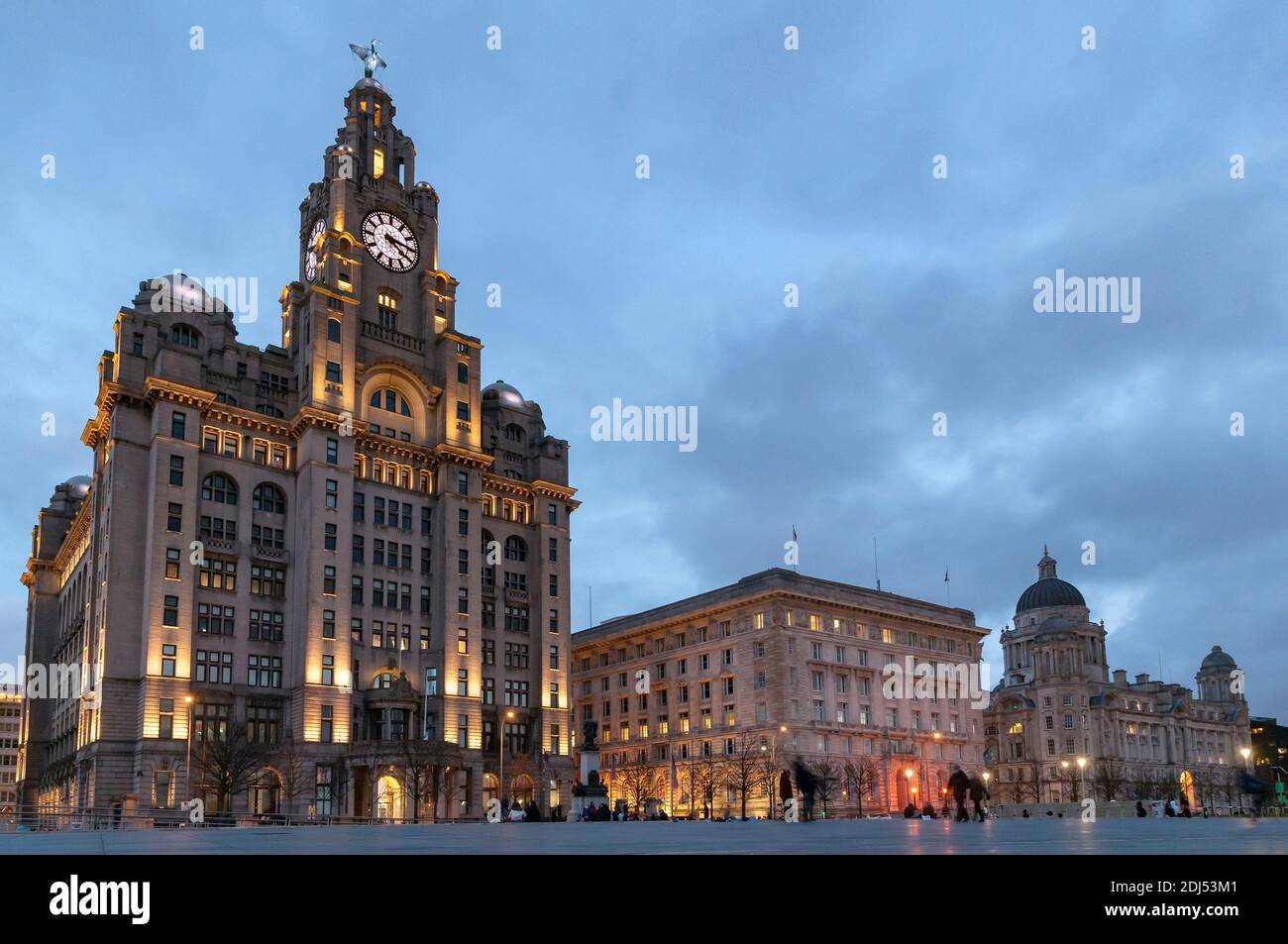 Royal Liver building on Liverpool waterfront pierhead in the early evening with lihts begining to show. Stock Photo
