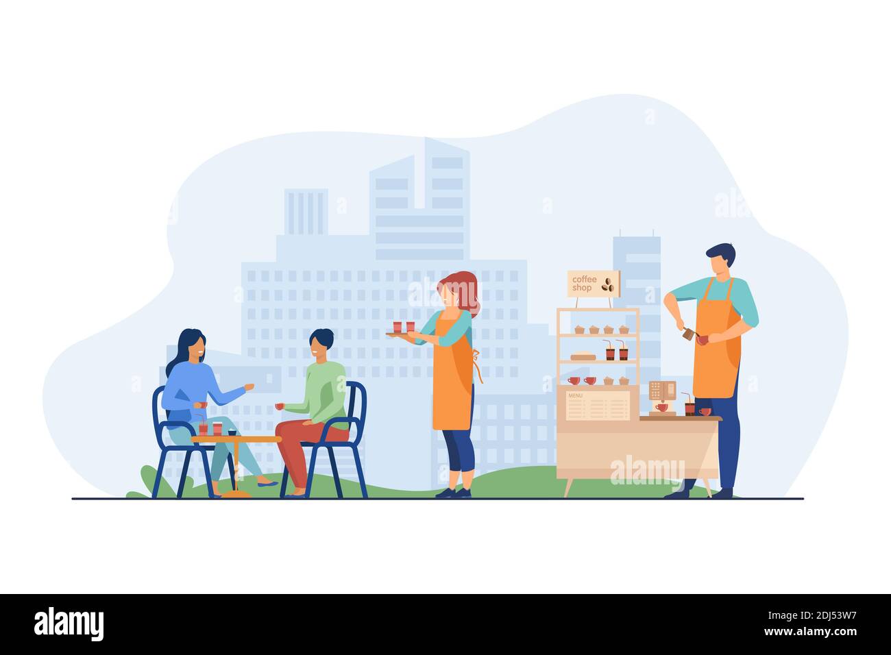 Waitress Carrying Takeaway Coffee To Customers In Outdoor Cafe Coffee Shop Stand Stall Kiosk Flat Vector Illustration Street Food Summer Concept Stock Vector Image Art Alamy
