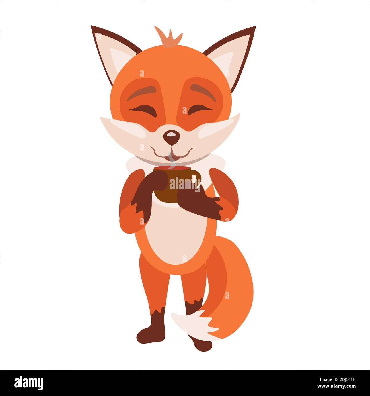 Cute colorful red fox is drinking cup hot tea Vector Image