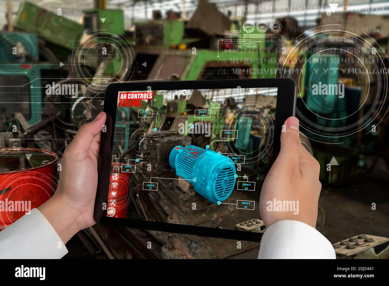 Engineer use augmented reality software in smart factory production line with automated application . Futuristic machinery in working in concept of Stock Photo