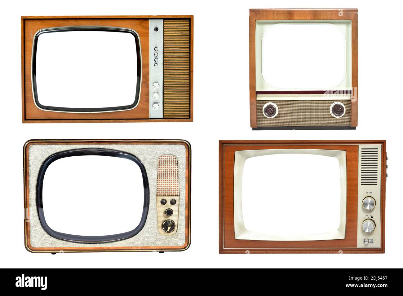 Vintage TV set collection with blank screen isolated on white background Stock Photo