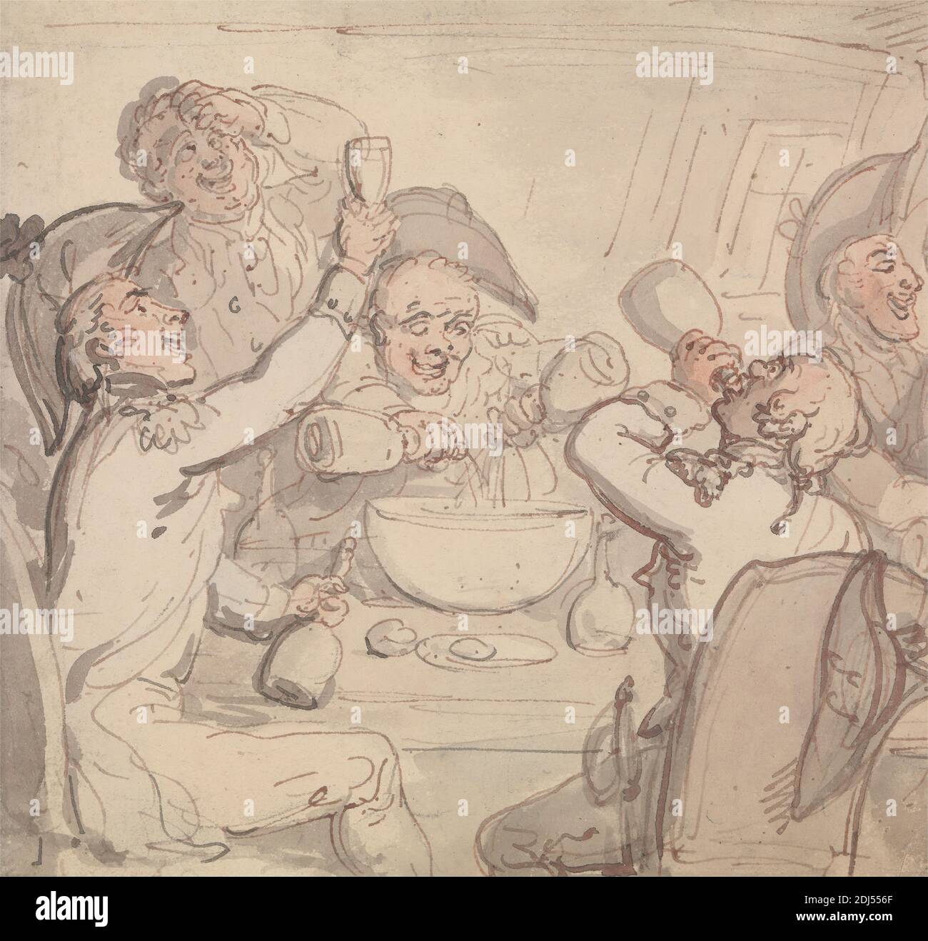 Naval Officers and a Bowl of Punch, Thomas Rowlandson, 1756–1827, British, undated, Watercolor and graphite with pen and red ink and pen and gray ink on medium, slightly textured, cream wove paper, Sheet: 5 11/16 x 6 inches (14.4 x 15.2 cm), chairs, drinking, food, genre subject, glasses (drinking glasses), hats, men, naval auxiliary ship, officers (military officers), punch bowl, table (support furniture Stock Photo