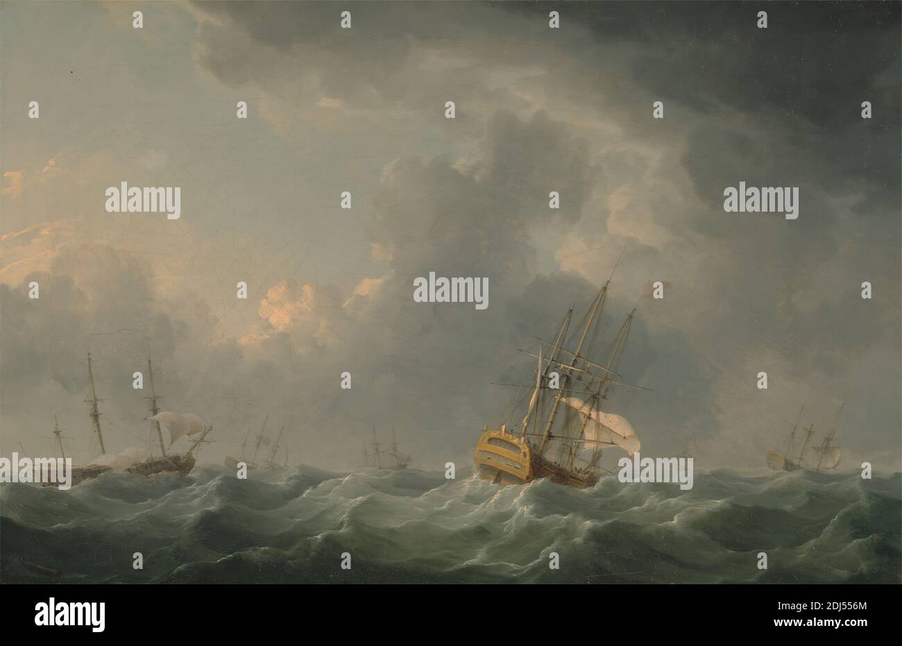 English Ships Running before a Gale, Charles Brooking, 1723–1759, British, before 1759, Oil on canvas, Support (PTG): 15 x 23 inches (38.1 x 58.4 cm), clouds, flag, marine art, meteorology, science, sea, seascape, ships, square-rigged ships, storm, waves (natural events), wind Stock Photo