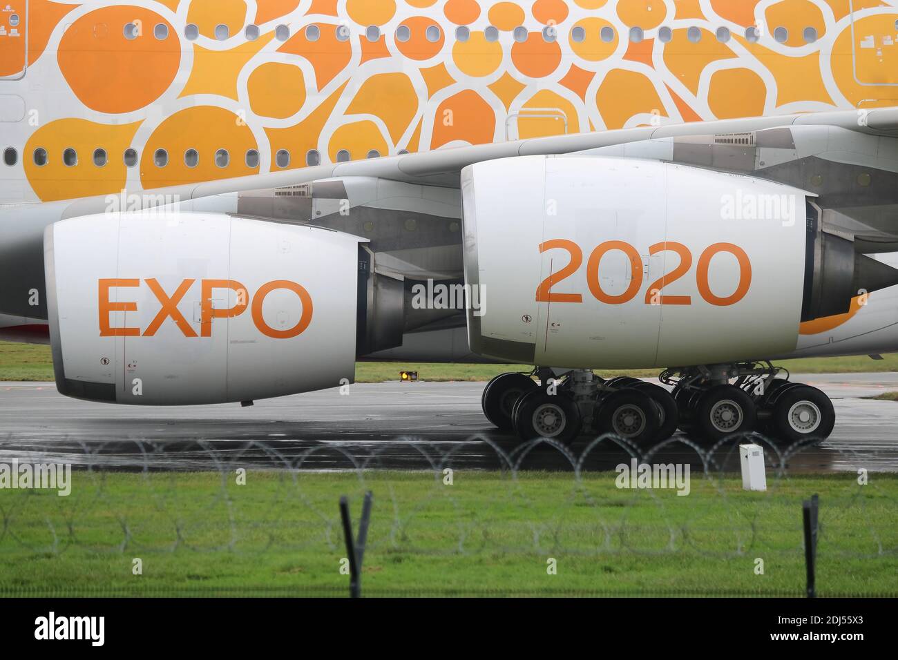 Emirates Airbus A380 Orange Expo 2020 Livery at Manchester Airport from Dubai. Stock Photo