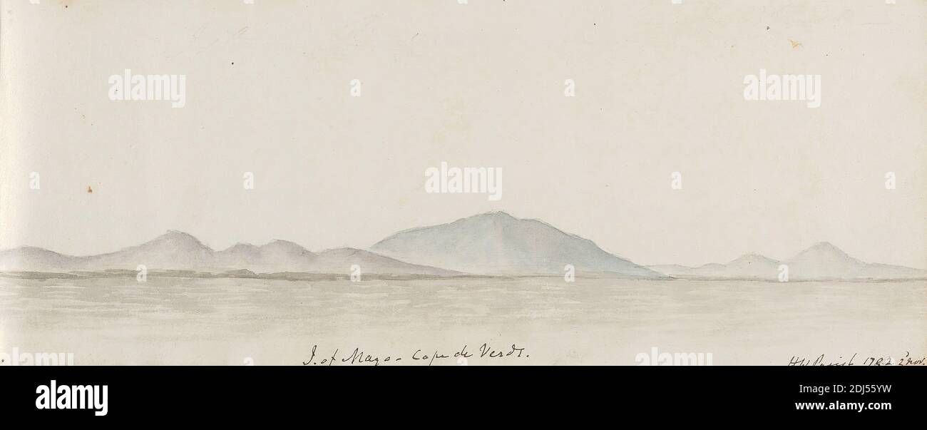Island of Mayo, Cape de Verde, 2 November, Henry William Parish, active 1792, 1792, Watercolor and graphite on medium, slightly textured, cream laid paper, Sheet: 4 1/8 × 10 7/16 inches (10.5 × 26.5 cm Stock Photo