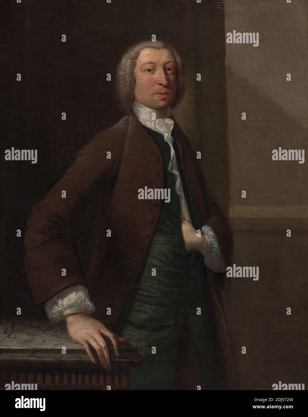 Portrait of a Man, called Tobias Smollett, Attributed to Robert Scaddon, active 1743–1774, British, Formerly unknown artist, eighteenth century, Formerly Francis Hayman, 1707/8–1776, British, ca. 1750, Oil on canvas, Support (PTG): 17 x 13 1/2 inches (43.2 x 34.3 cm), coat, costume, cravat, hairstyles, hands, man, neckwear, portrait, ruffle, sleeves, gigot, standing, waistcoat, wig Stock Photo