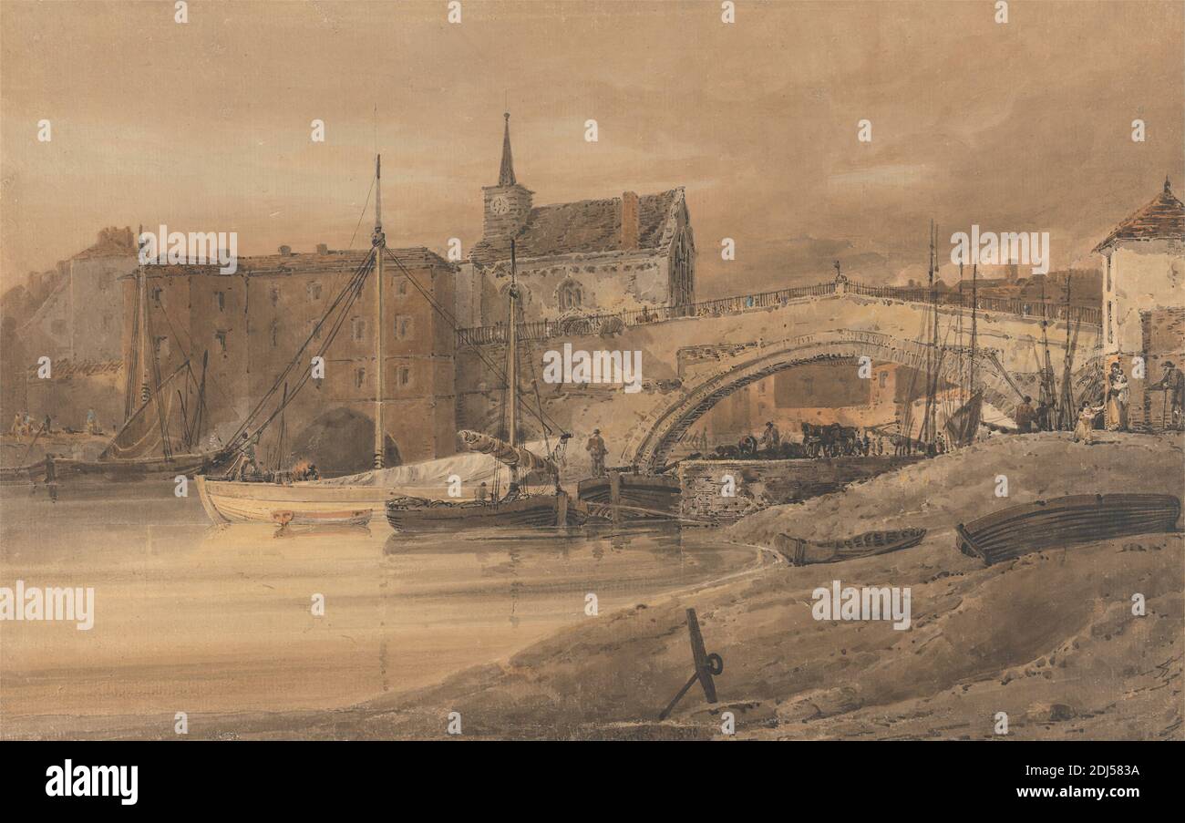 Ouse Bridge, York, Thomas Girtin, 1775–1802, British, 1800, Watercolor with pen and brown ink over graphite, with scratching out on medium, beige, rough wove paper, Sheet: 12 15/16 x 20 5/8 inches (32.9 x 52.4 cm), anchor, architectural subject, archways, boats, bridge (built work), buildings, chimney, cityscape, clock, figures, riverbank, roof, stone, village, windows, England, Europe, Ouse, United Kingdom, York, York Stock Photo