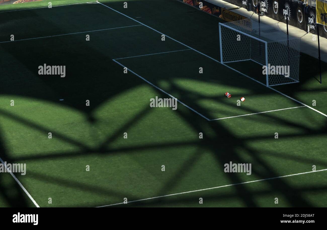 Shadows form on the soccer pitch of Major League Soccer team philadelphia Union in Chester, pennsylvannia Stock Photo