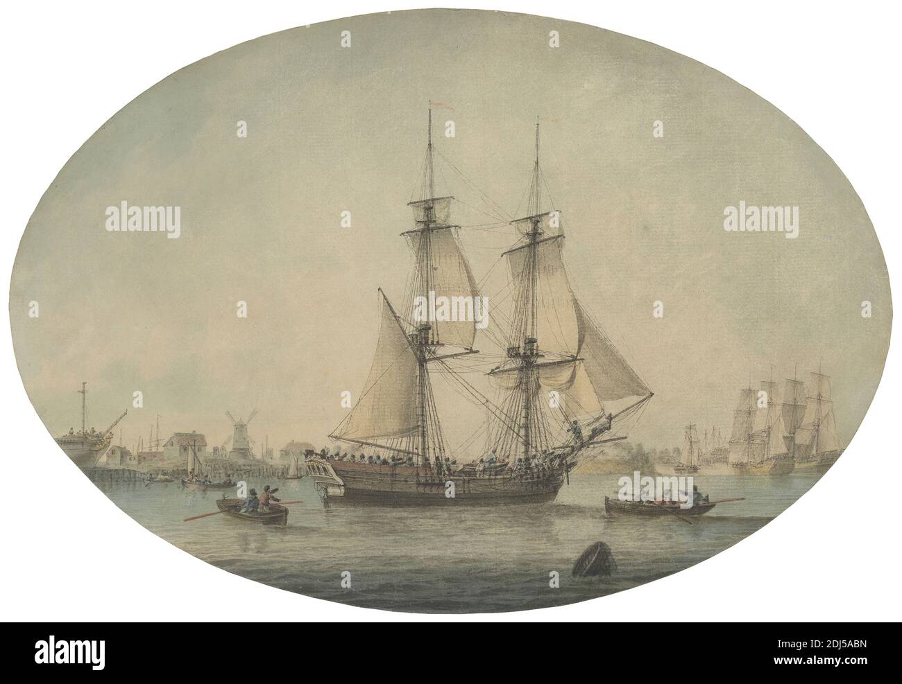 A Trading Brig Preparing to Set Sail on the Thames, Warships Running Down the Estuary Beyond, Samuel Atkins, active 1787–1808, British, active in the East Indies (1796–1804), between 1787 and 1808, Watercolor, pen, black ink, and graphite on moderately thick, slightly textured, cream laid paper, Sheet: 9 1/8 × 13 1/4 inches (23.2 × 33.7 cm), brig, cityscape, genre subject, marine art, men, oars, rowboats, rowing, seamen, ships, town, village, warships, windmill, England, Europe, Thames, United Kingdom Stock Photo