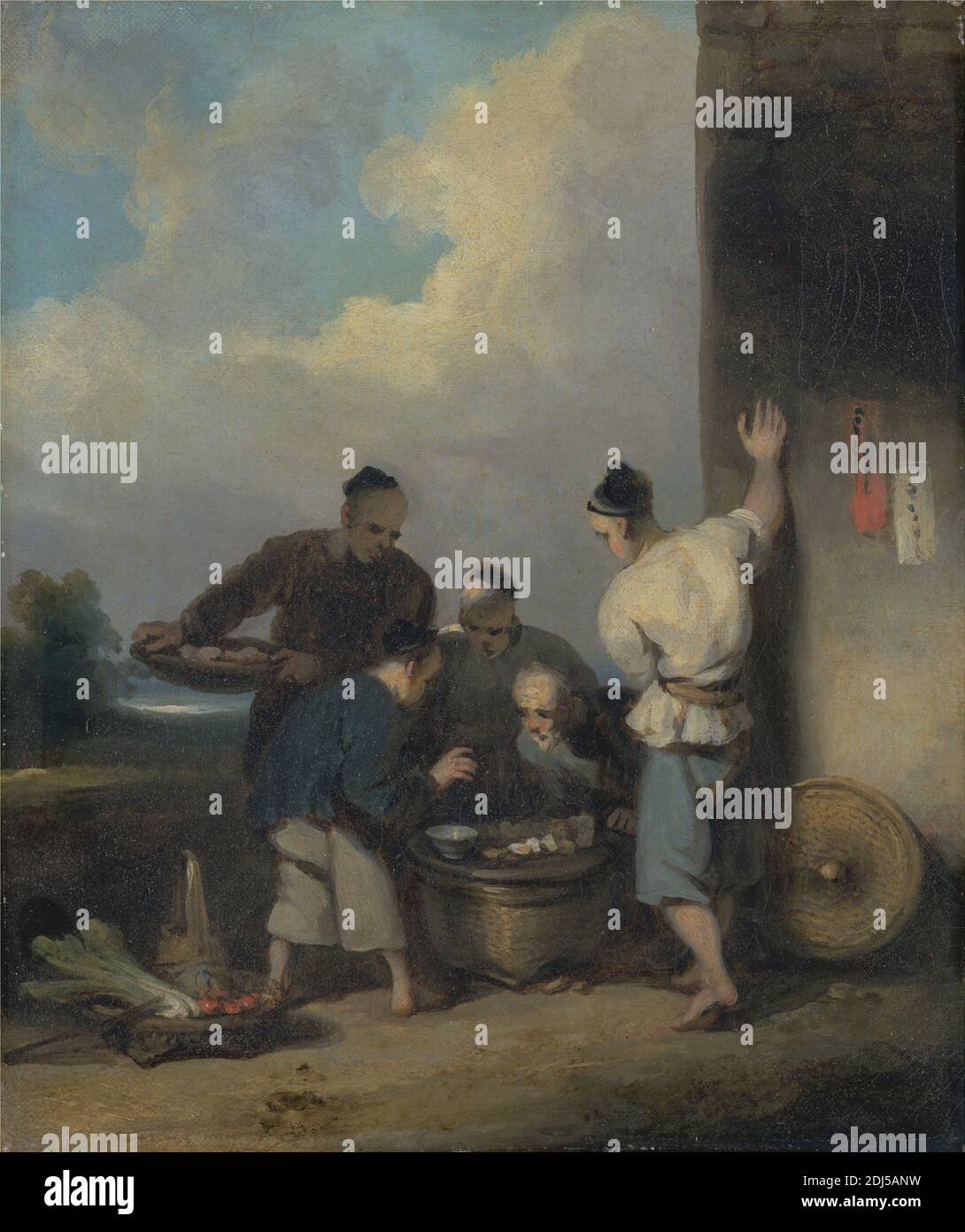 Coolies Round the Food Vendor's Stall, George Chinnery, 1774–1852, British, after 1825, Oil on canvas, Support (PTG): 9 1/2 x 8 1/8 inches (24.1 x 20.6 cm), basket, blue, bowl (vessel), boy, brown, Chinese, food, genre subject, market (event), men, vendor, wall, white (color), workers, Asia, China Stock Photo