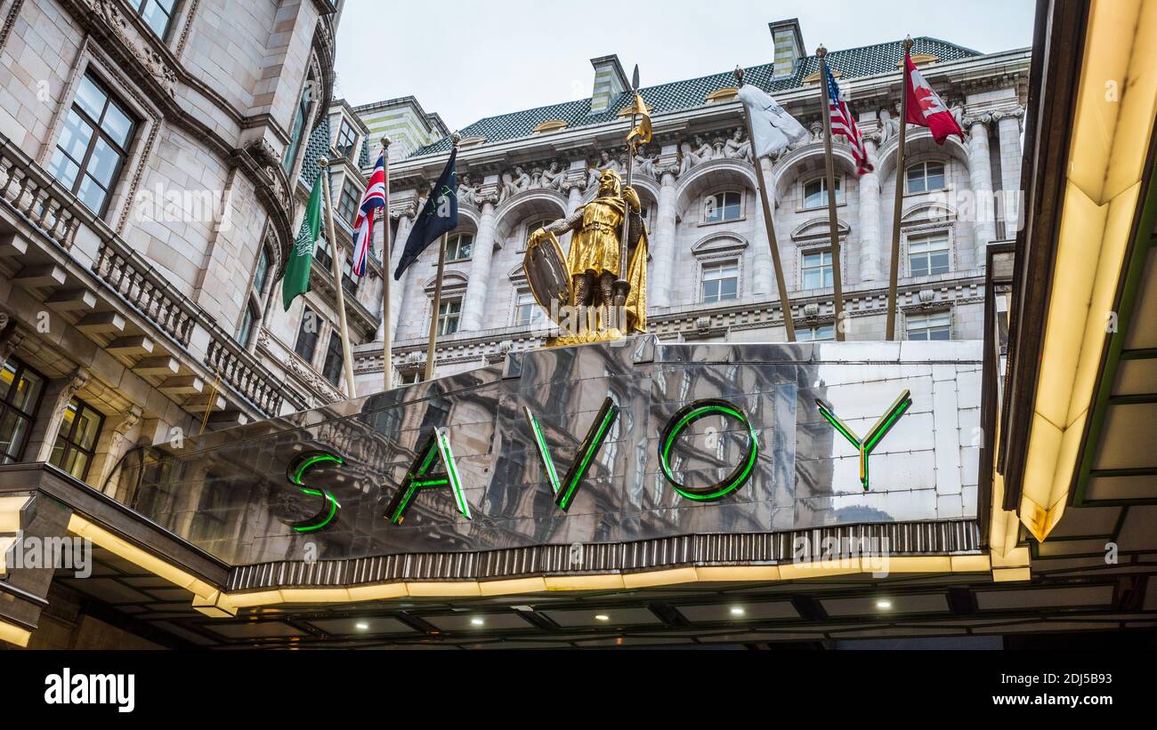 Savoy Hotel London - classic front entrance of the luxury Savoy Hotel London, opened 1889. Architect Thomas Edward Collcutt Stock Photo
